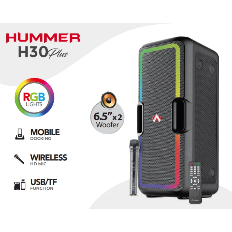 Audionic Hummer H30 Plus Portable Bluetooth Speaker with Wireless Mic & RGB Lights Audionic Hummer H30 Plus Portable Bluetooth Speaker with Wireless Mic & RGB Lights