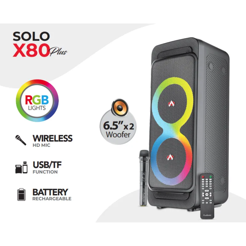 Audionic Solo X80 Plus Portable Bluetooth Speaker with 10W Output, Wireless Mic & RGB Lights Audionic Solo X80 Plus Portable Bluetooth Speaker with 10W Output, Wireless Mic & RGB Lights