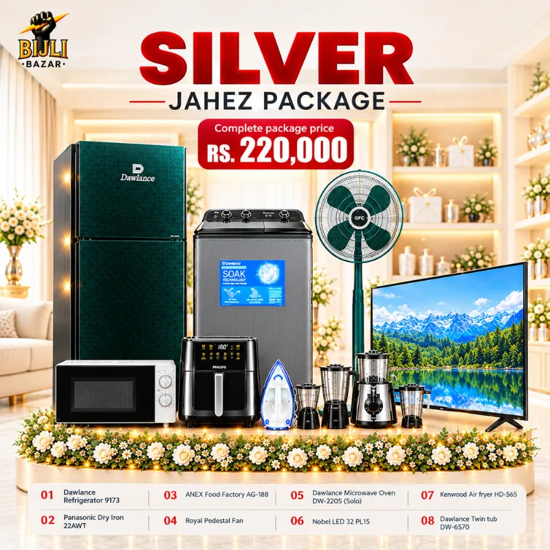 Silver Jahez Package – Fridge – LED TV – Washing Machine – Oven – Iron – Food Factory – Air Fryer – Pedestal Fan Silver Jahez Package – Fridge – LED TV – Washing Machine – Oven – Iron – Food Factory – Air Fryer – Pedestal Fan