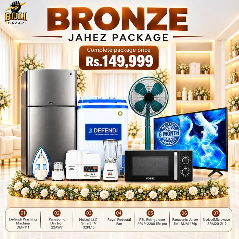 Bronze Jahez Package – Fridge – LED TV – Washing Machine – Oven – Iron – Juicer – Air Fryer – Pedestal Fan Bronze Jahez Package – Fridge – LED TV – Washing Machine – Oven – Iron – Juicer – Air Fryer – Pedestal Fan